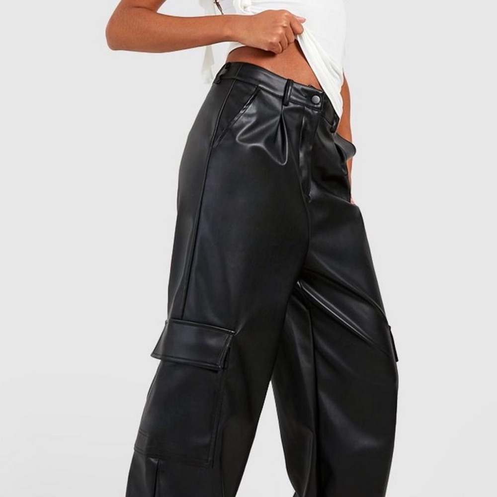 Tall Black Faux Leather Cargo Pants